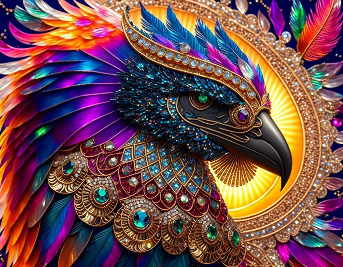 Colorful Stylized Bird Artwork with Jewel-like Patterns in Ornate Background