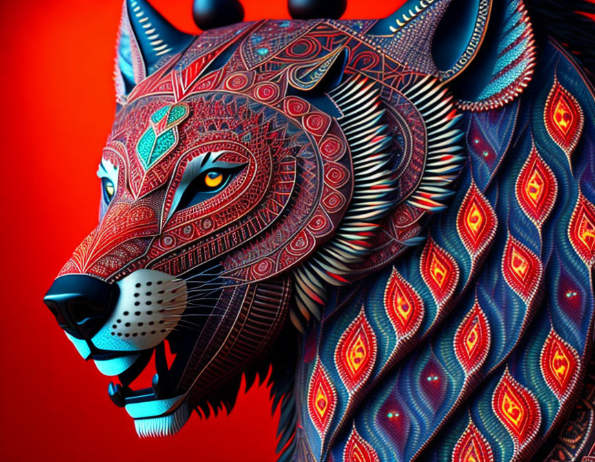 Colorful Wolf Head Sculpture with Intricate Patterns on Red Background