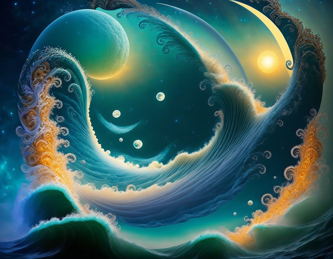 Surreal artwork: Wave blending with galaxy in cosmic scene