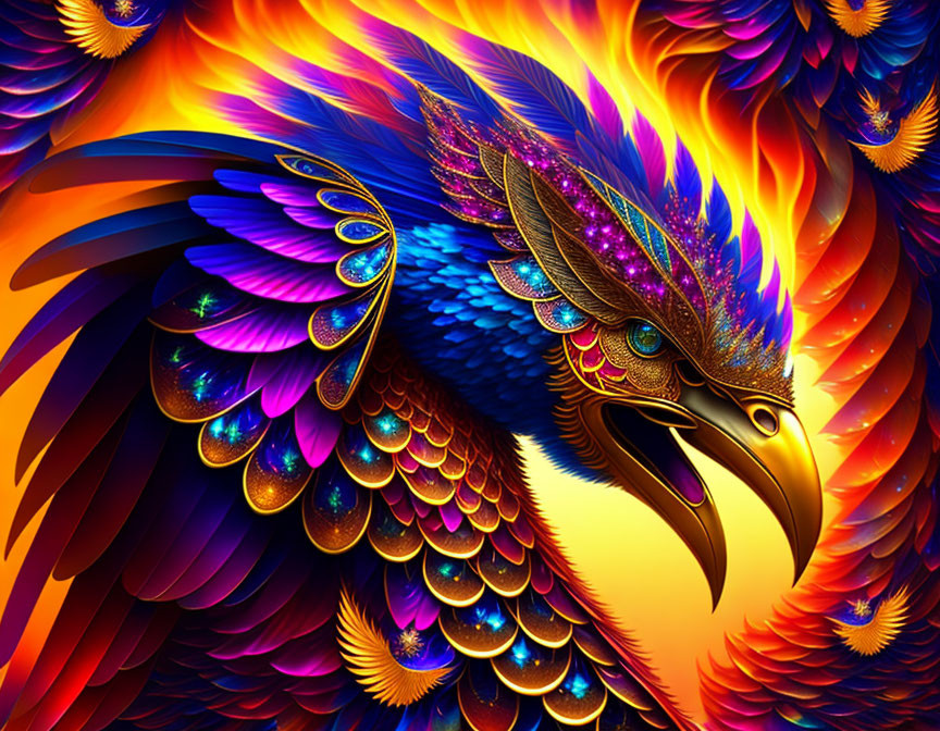 Colorful Phoenix Digital Artwork with Fiery Background