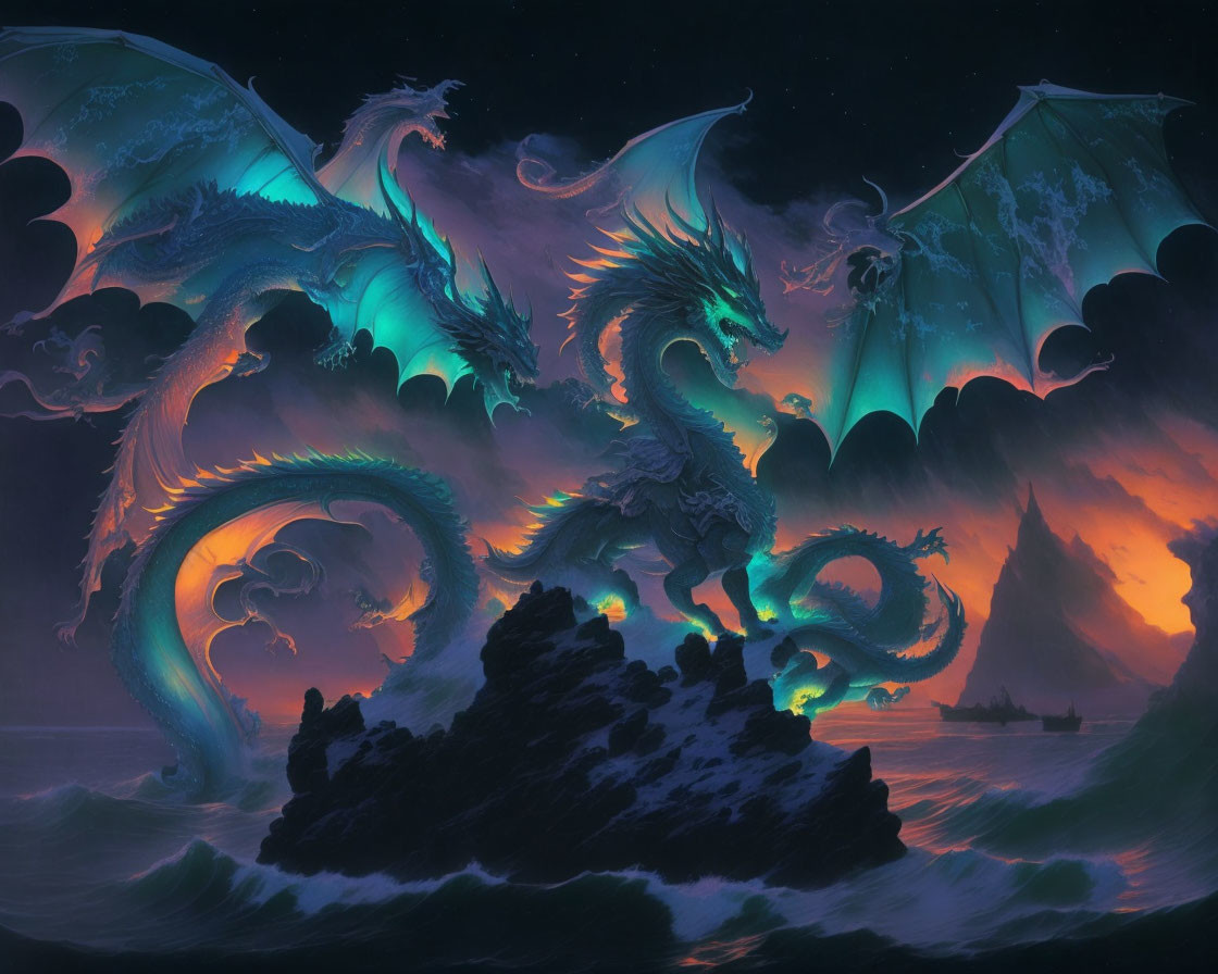 Dragons with Luminous Scales on Rock in Dark Sea at Sunset