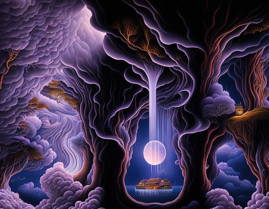 Surreal painting of waterfall, orb, purple clouds, trees, and houses.