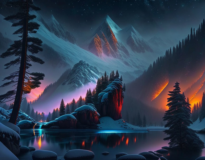 Snow-covered mountains, calm lake, pine trees, vibrant night sky with stars and aurora lights