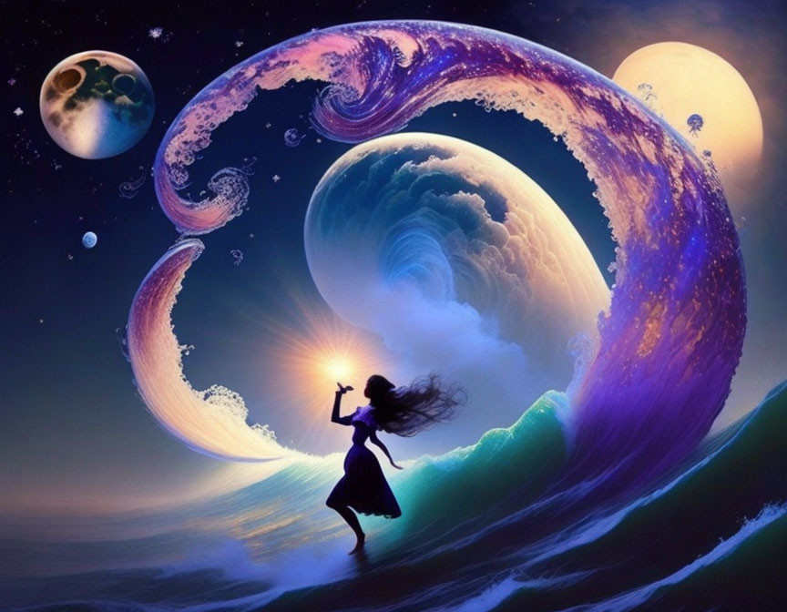 Woman dancing on surreal wave with planets and stars in cosmic space.