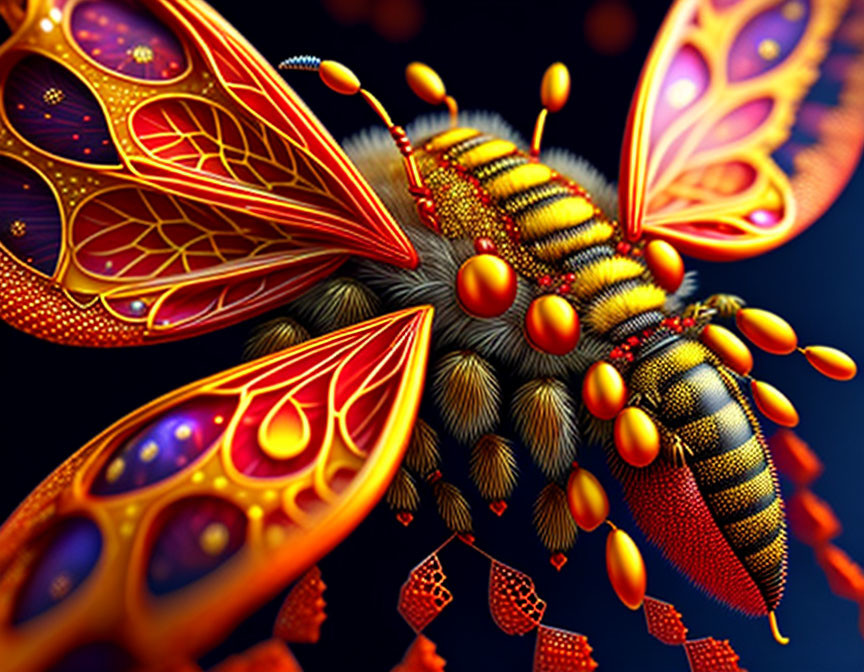 Vibrant digital artwork of a bee with ornate wings on dark background