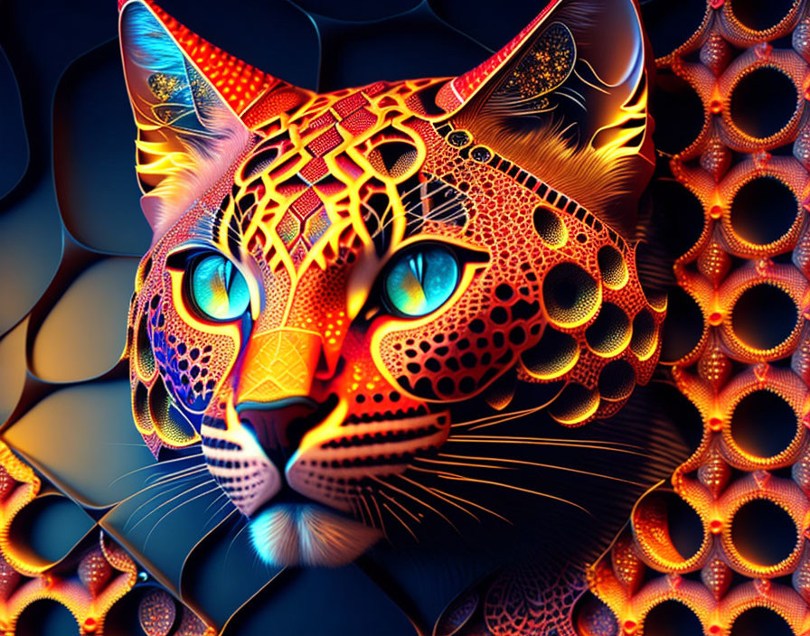 Stylized leopard digital artwork with glowing eyes on abstract background