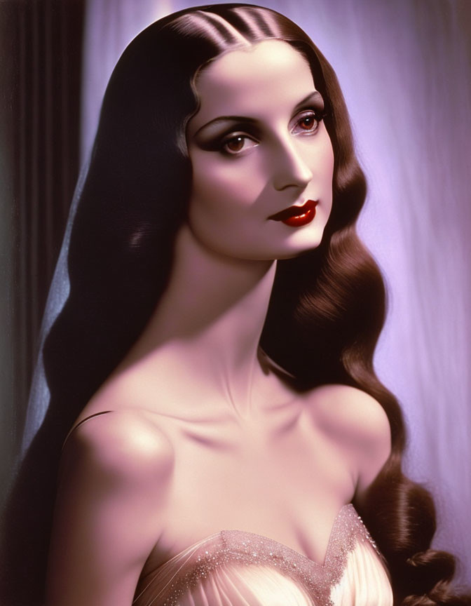 Classic Hollywood Glamour Woman with Long Wavy Hair and Red Lipstick