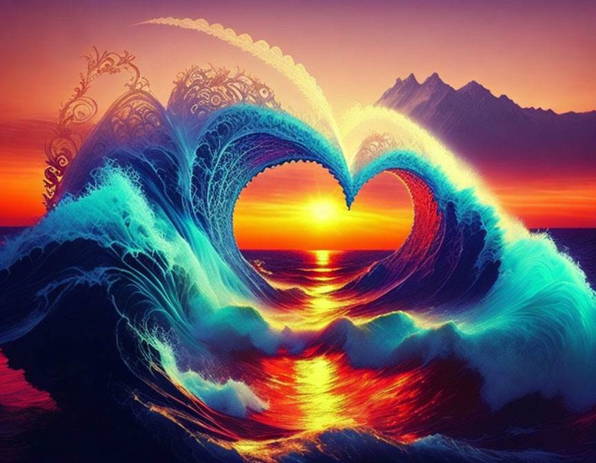 Scenic sunset painting: Waves form heart shape with mountains and ornate sky patterns