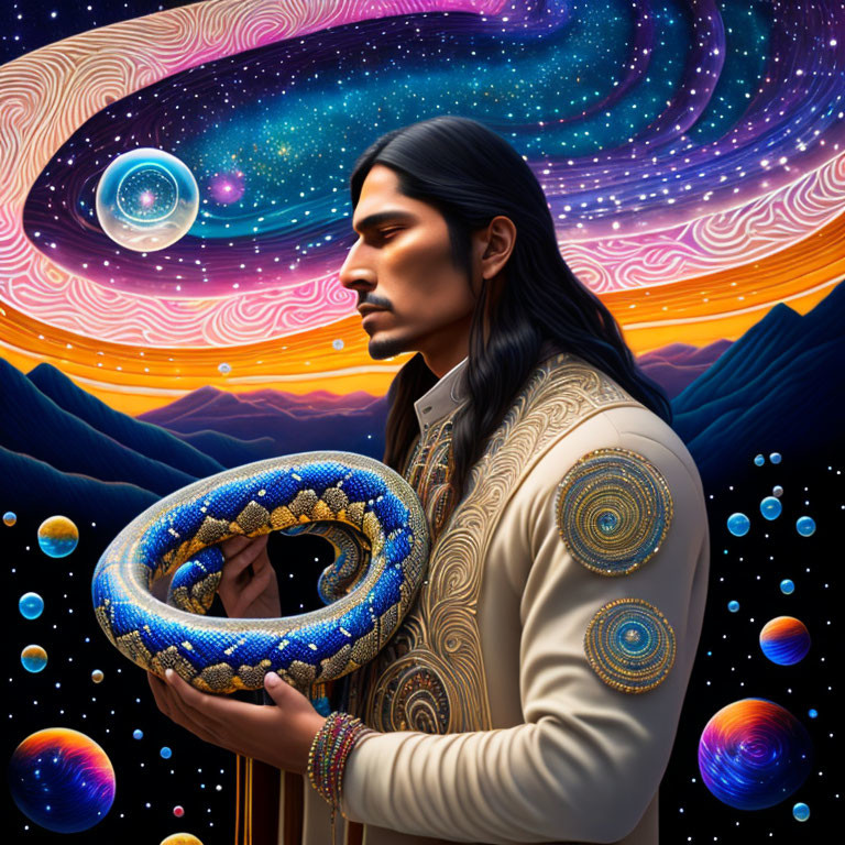 Man with long hair holding ouroboros in cosmic setting with planets, stars, galaxies, and