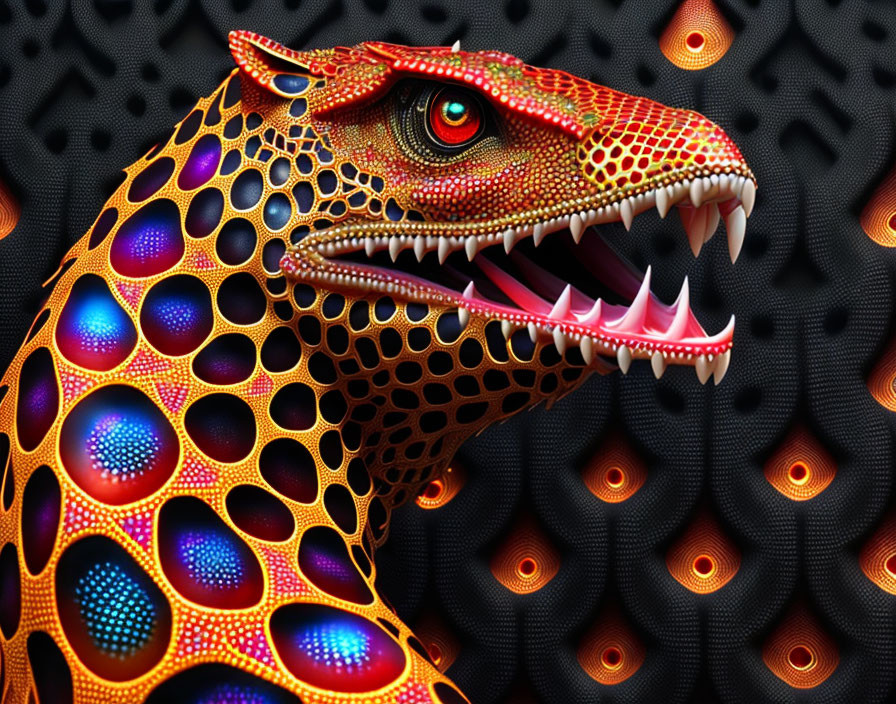 Colorful Stylized Lizard Artwork on Geometric Black Background