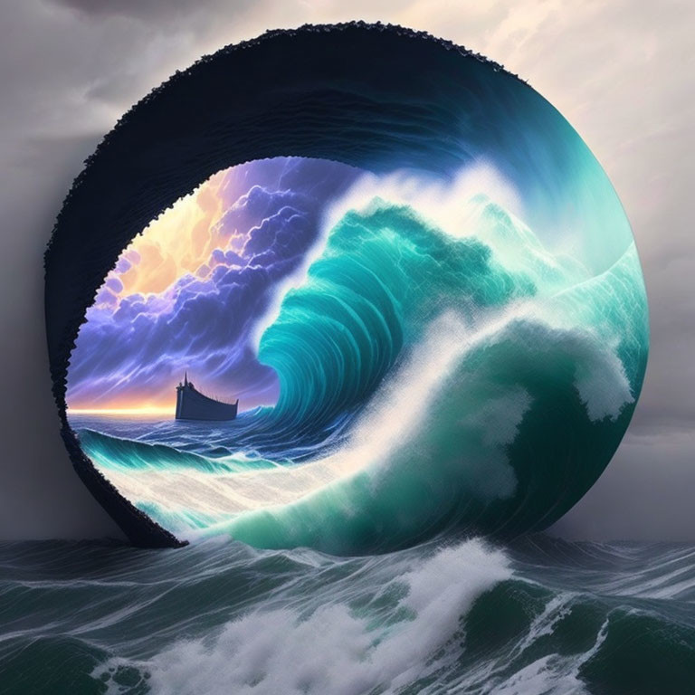 Circular wave engulfing ship in stormy sea with tranquil skies inside