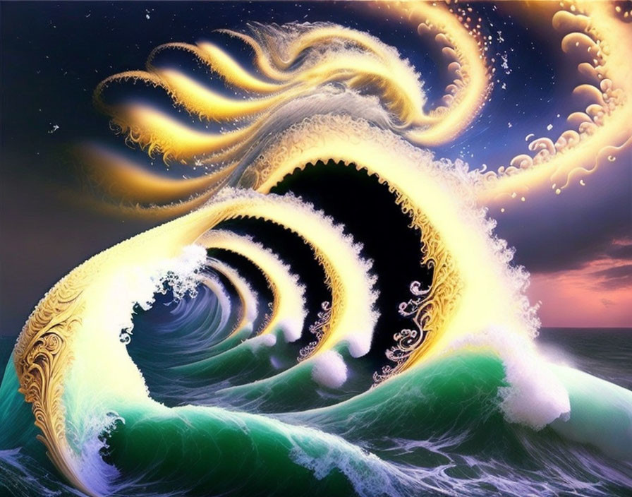 Surreal ocean scene with spiraling waves under twilight sky