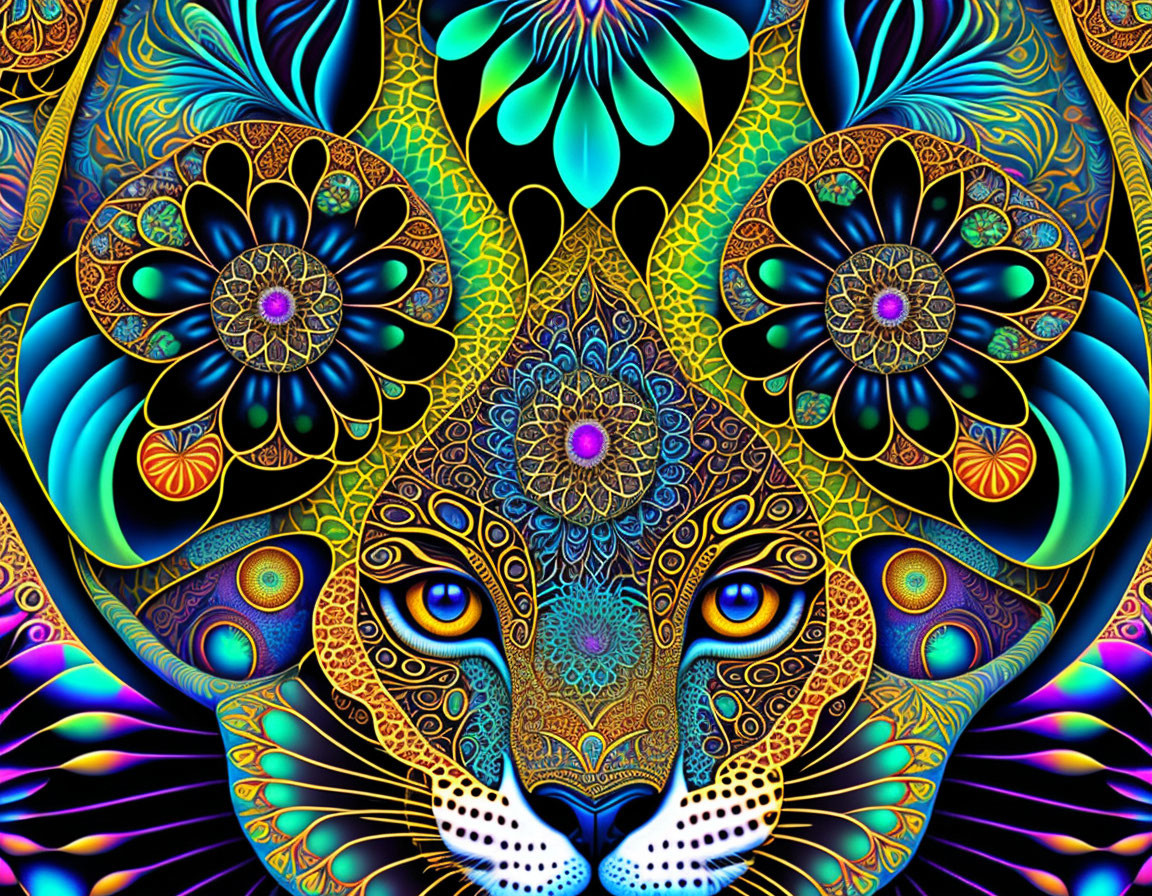 Colorful Psychedelic Leopard Face Art with Floral and Geometric Patterns