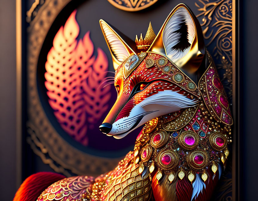 Decorative fox with crown and jewels on dark leaf-patterned background