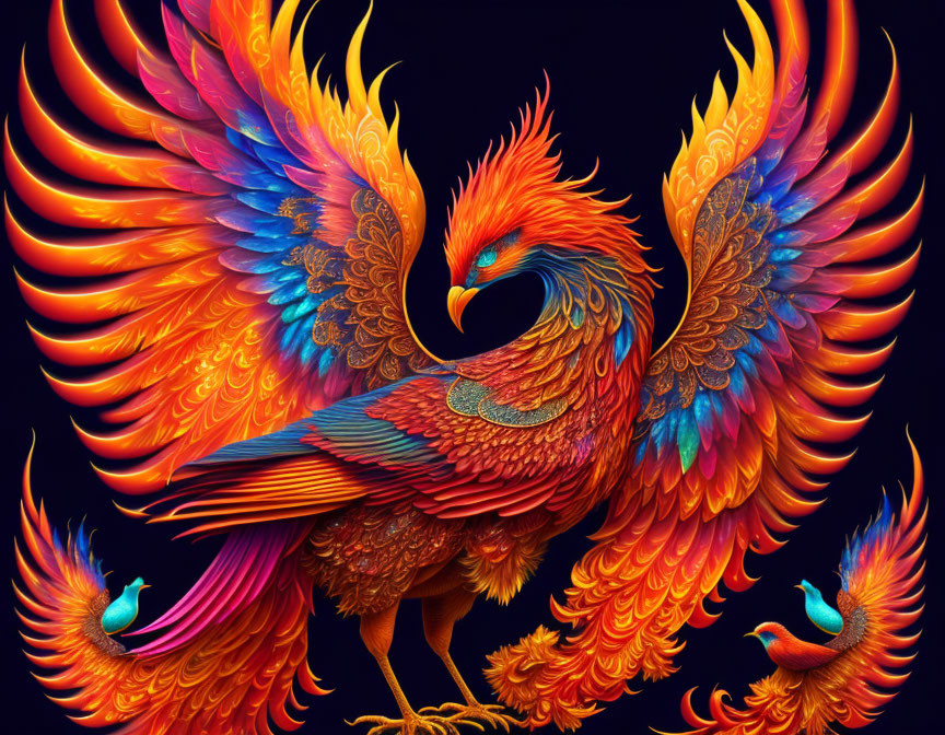 Colorful Phoenix Artwork with Fiery Feathers on Black Background