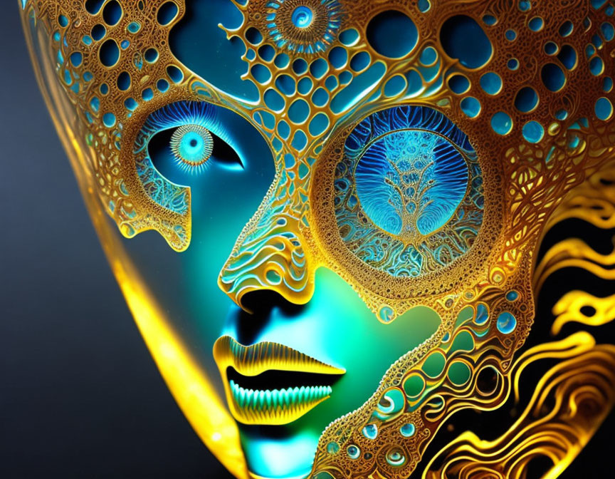 Fractal-inspired digital artwork of a vibrant mask with intricate patterns and glowing colors