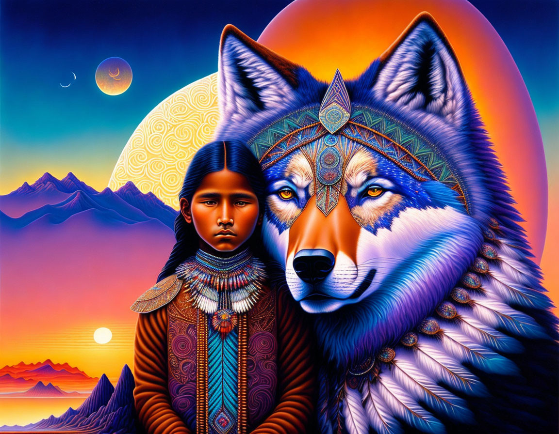 Colorful Artwork: Young Girl in Traditional Attire with Adorned Wolf, Mountains, and