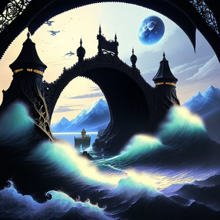 Fantasy landscape with ornate archways, glowing moon, mountains, and bioluminescent waves