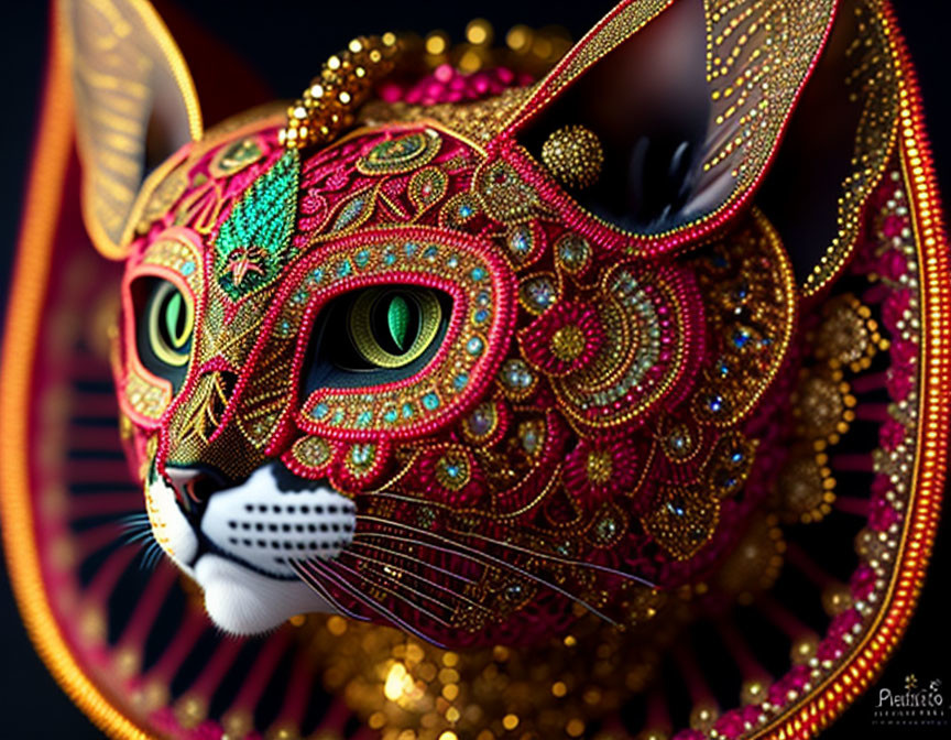 Colorful Alebrije Cat Mask with Gold Detailing and Green Eyes