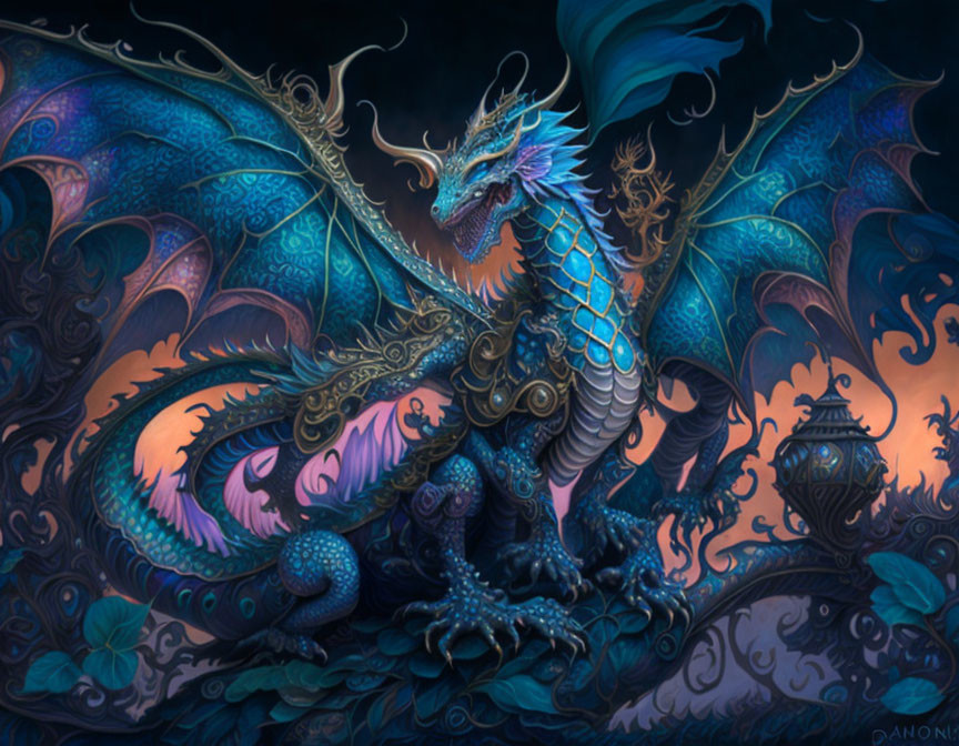 Colorful dragon with expansive wings in mystical fantasy setting with lanterns against dusky sky