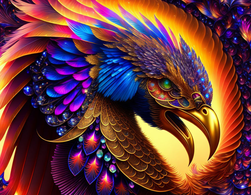 Colorful Eagle Digital Art with Blue, Orange, and Gold Feathers