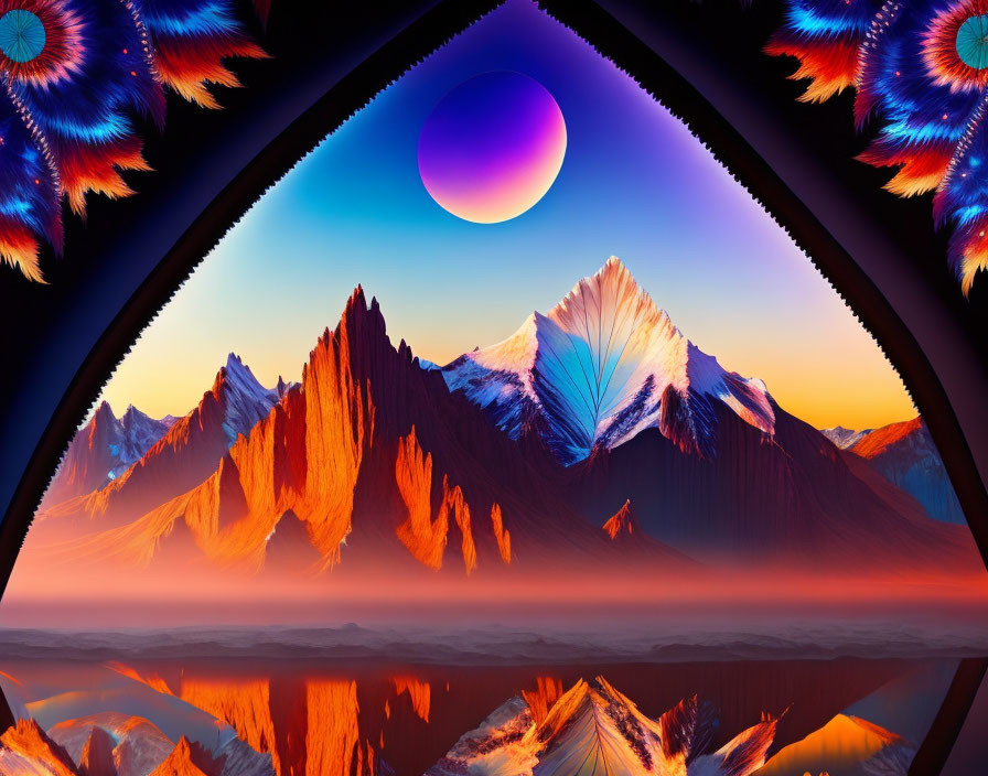 Vibrant mountains under purple moon in surreal landscape