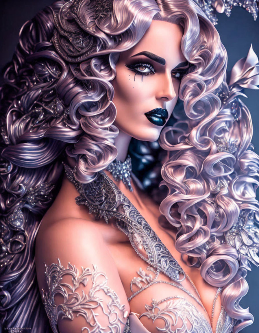 Fantasy portrait featuring person with silver curly hair and ornate shoulder armor