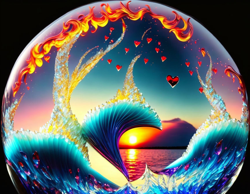 Colorful digital artwork: fiery and aquatic elements swirling around a sunset sphere.