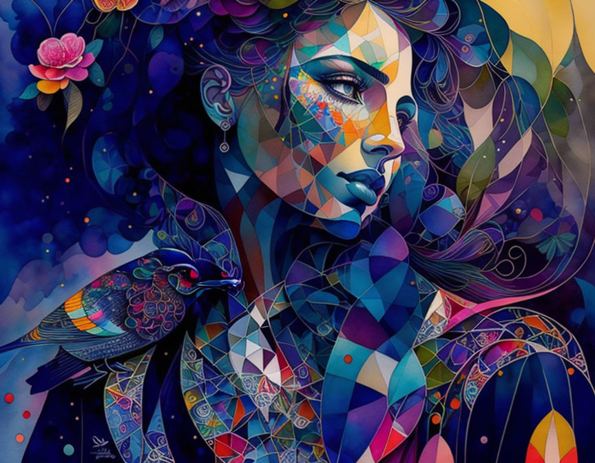 Colorful geometric woman with blackbird and floral motif in deep blues and purples