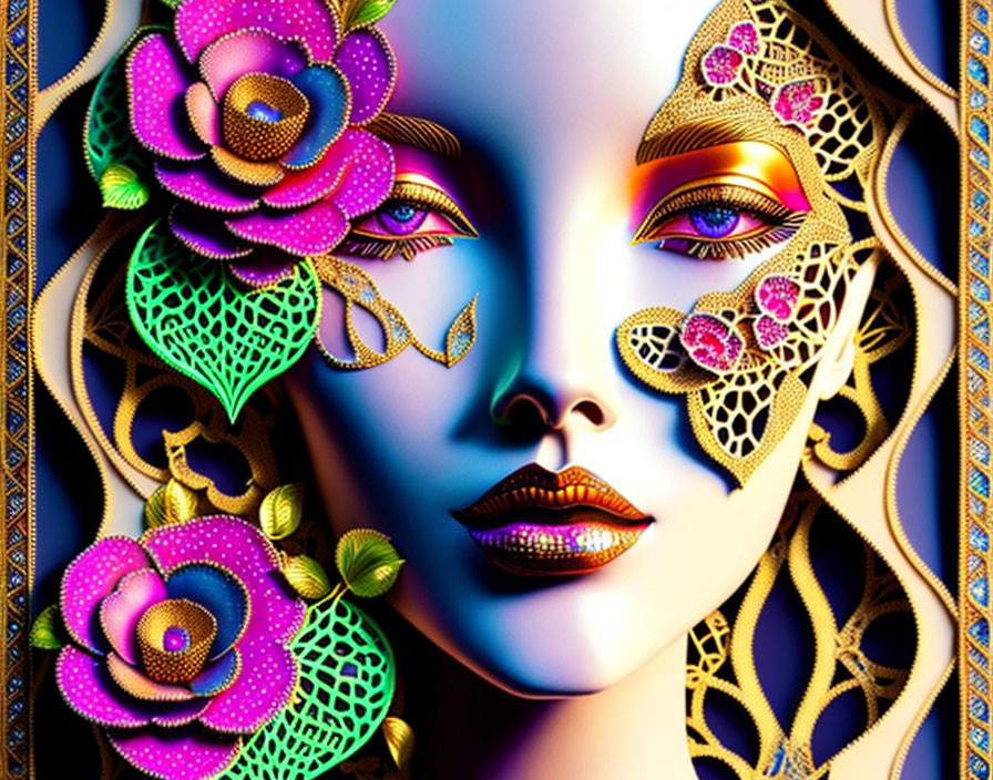 Digital Artwork: Woman's Face with Floral and Lacy Patterns