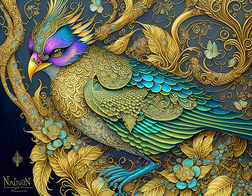 Colorful Bird Illustration with Blue and Green Feathers on Gold Floral Background