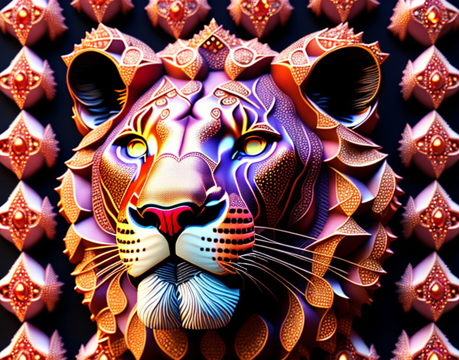 Colorful Stylized Lion Artwork with Kaleidoscopic Background