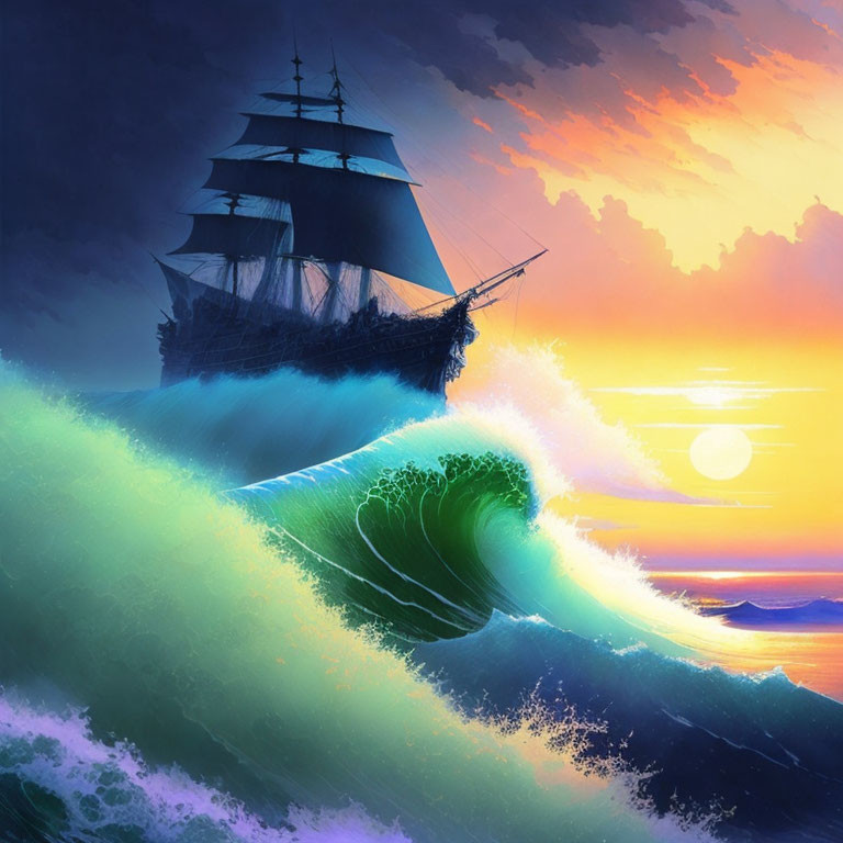 Sailing ship on teal waves under vibrant sunset sky