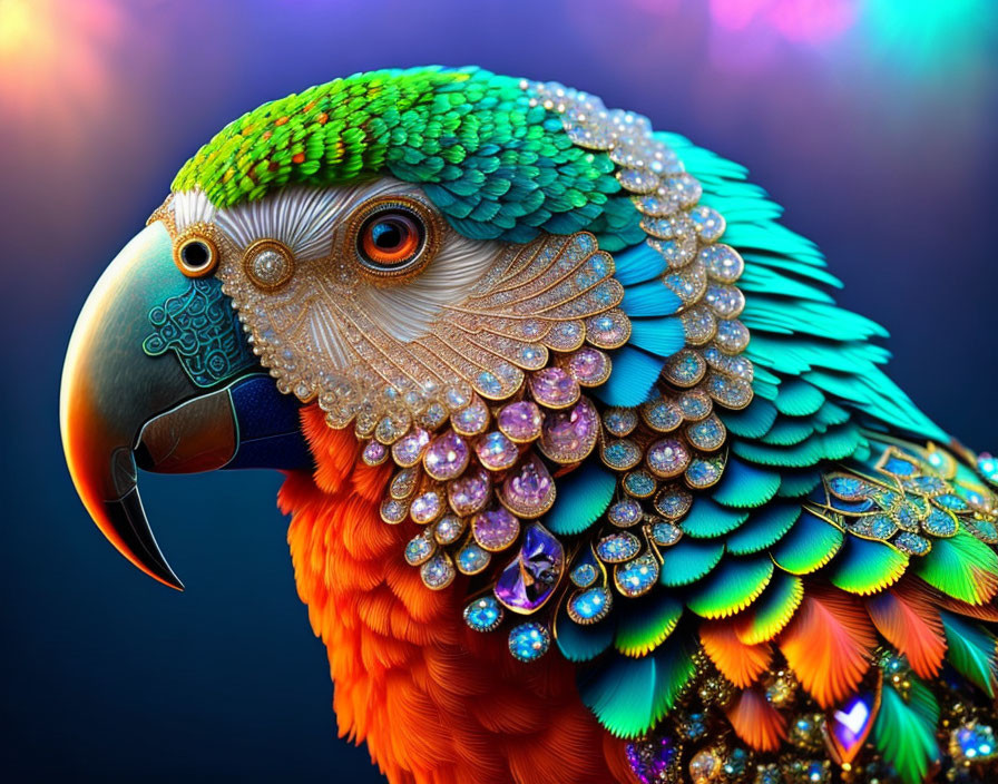 Colorful Parrot with Jewelry and Gemstones on Multicolored Background