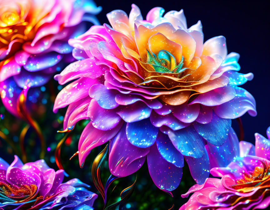 Colorful Neon Flowers on Dark Background with Sparkling Effects