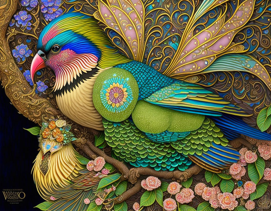 Colorful bird illustration with intricate patterns perched on floral branch