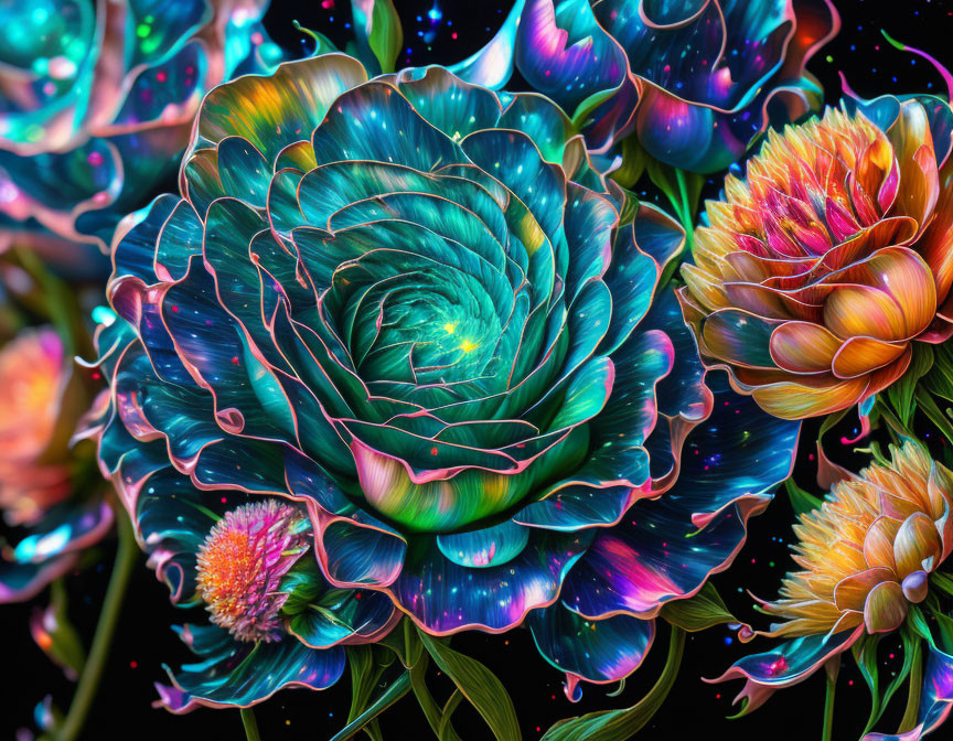 Neon-colored digital flowers in cosmic glow on dark background