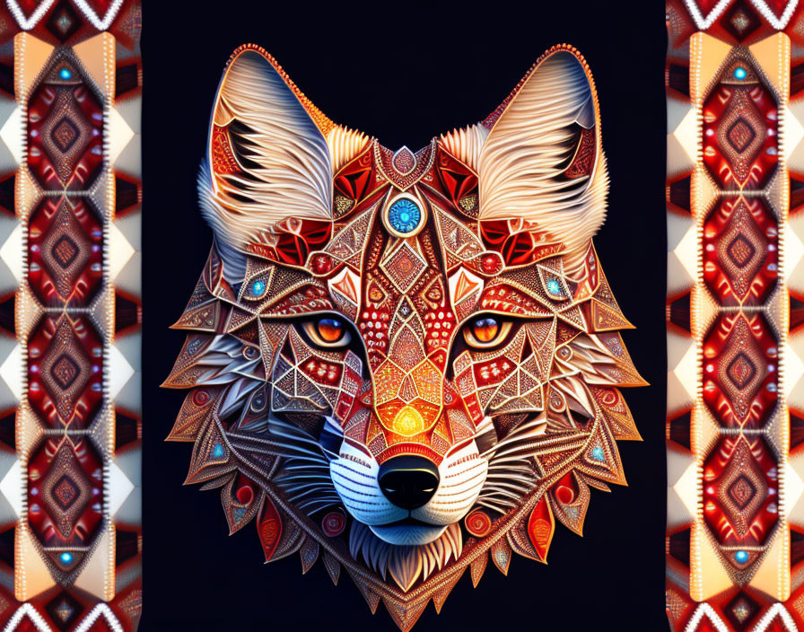 Colorful Geometric Fox Head Illustration with Tribal Designs on Black Background