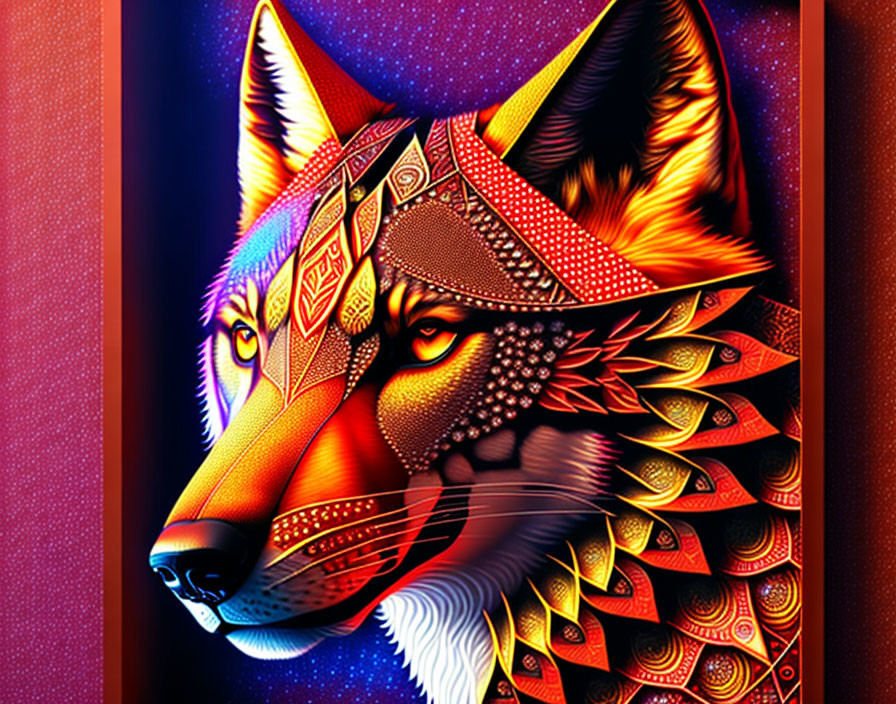 Colorful Digital Artwork: Wolf with Tribal Designs on Cosmic Background