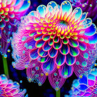 Colorful Neon-Like Dahlia Flowers on Black Background with Digital Bubble Effects