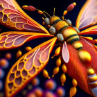 Vibrant digital artwork of a bee with ornate wings on dark background