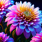 Colorful Neon Flowers on Dark Background with Sparkling Effects