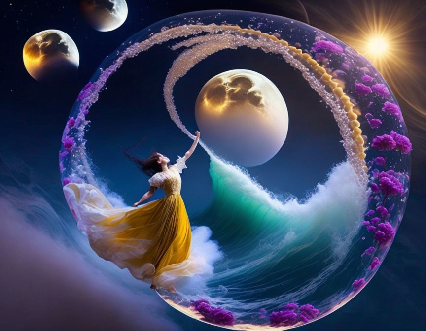 Woman in Yellow Dress Conducting Elements of Nature in Fantastical Scene