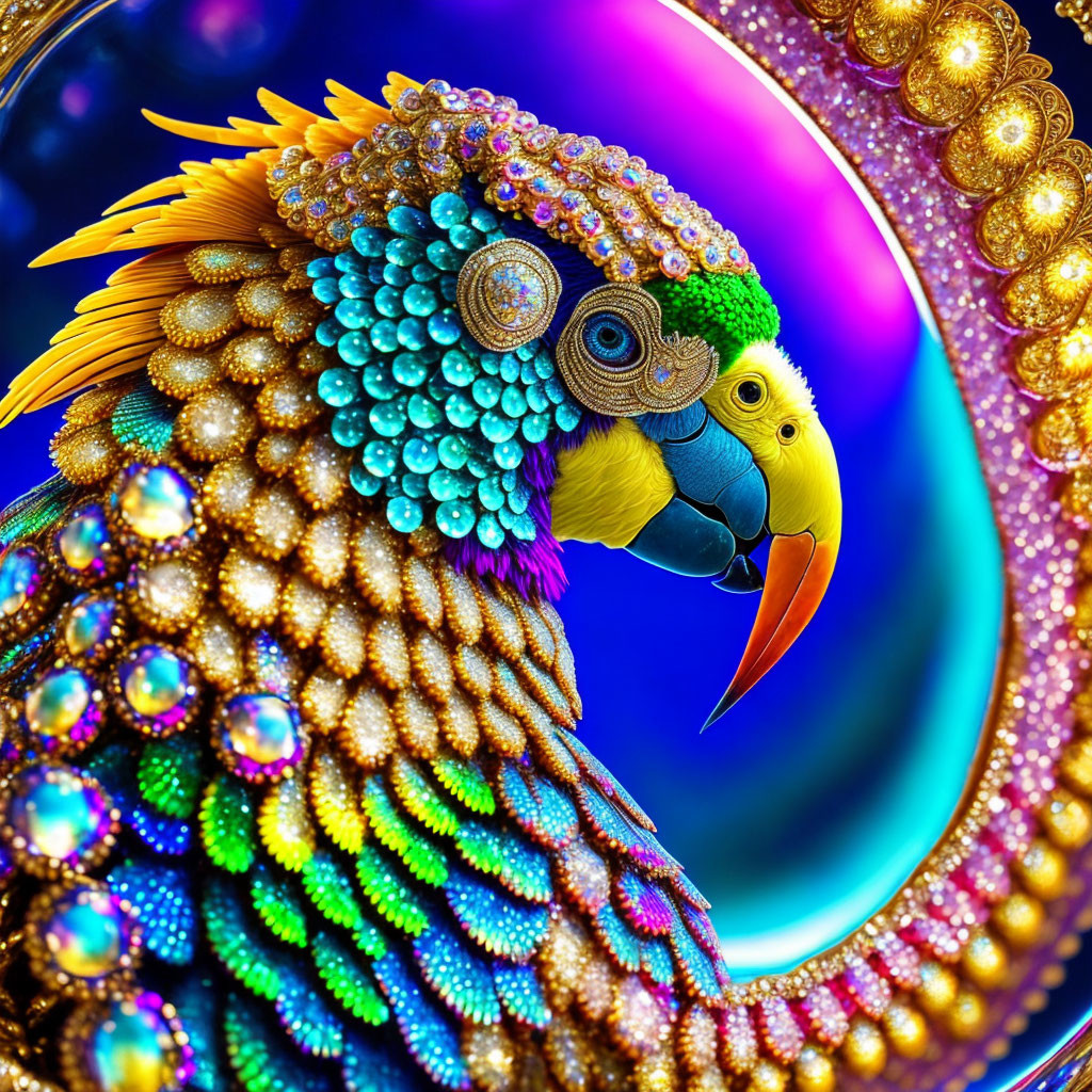 Colorful Parrot Digital Artwork with Jewel-like Textures on Abstract Background