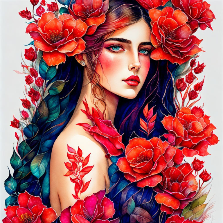 Illustrated woman with red flowers in hair and blue highlights.