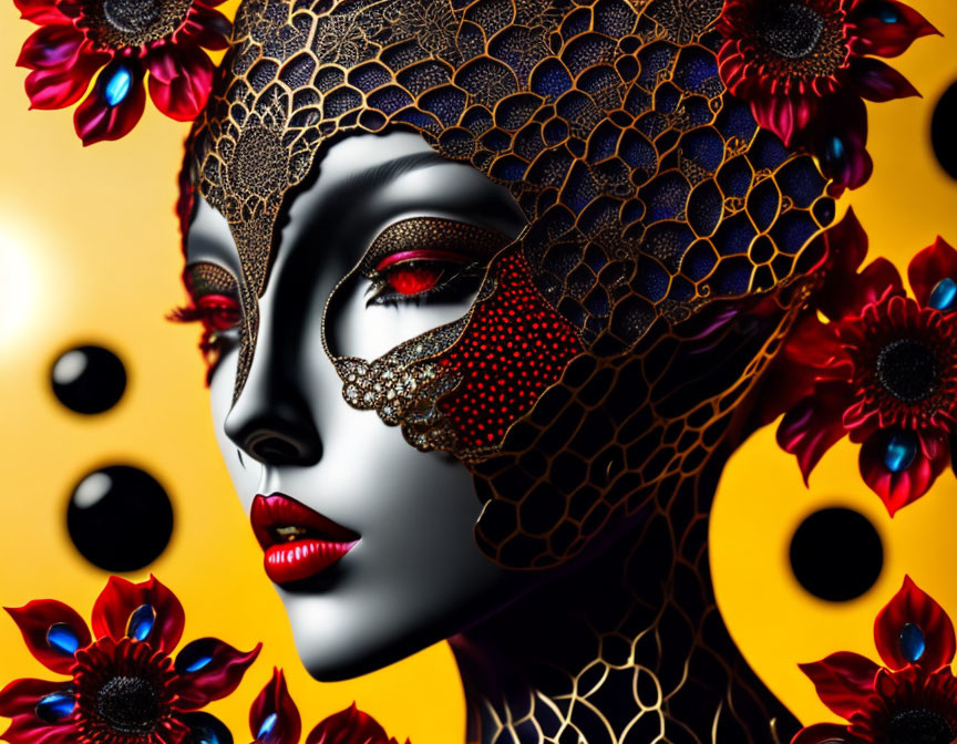 Stylized woman's face with lacy black mask, red flowers, yellow backdrop