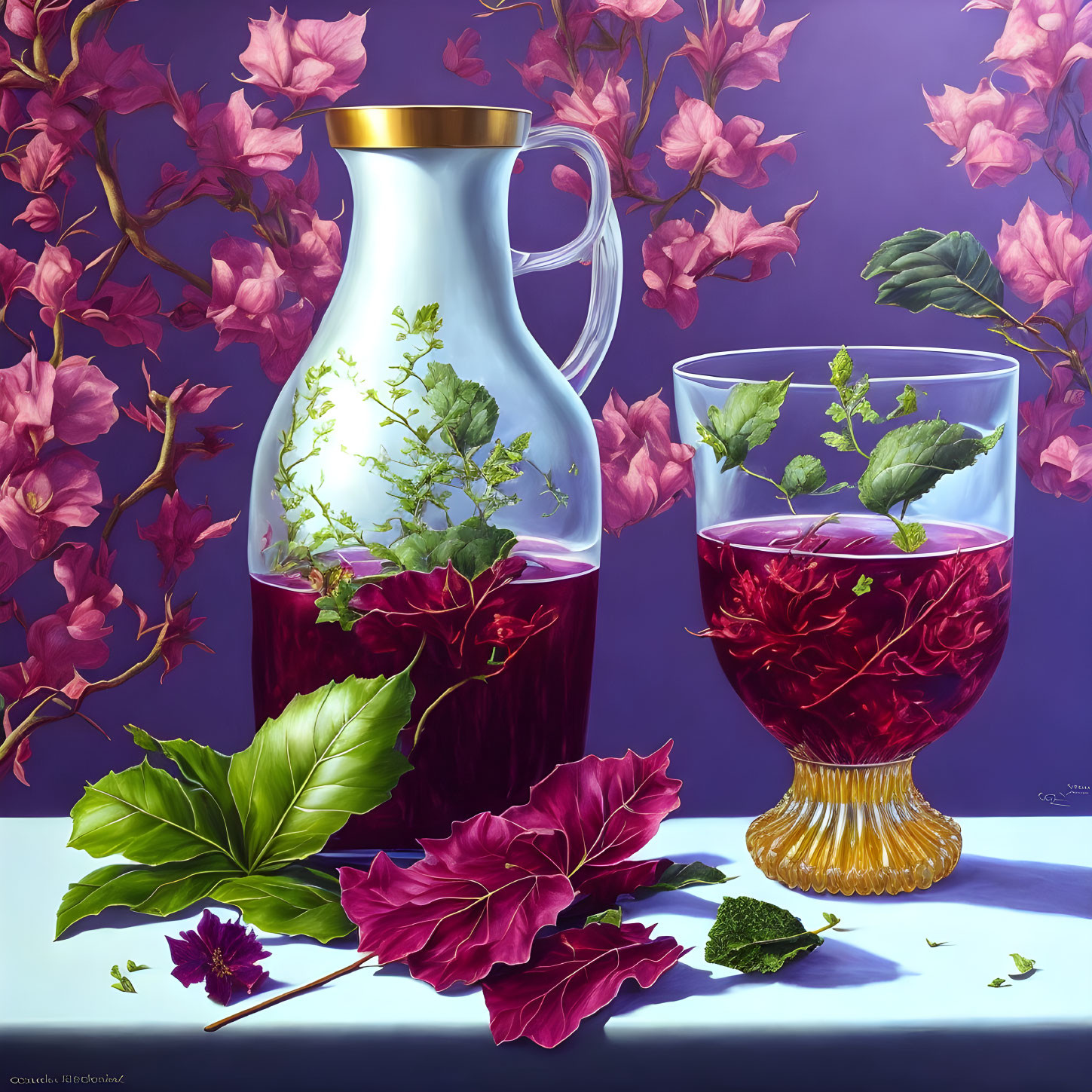 Translucent pitcher and glass with purple liquid surrounded by pink flowers and green leaves