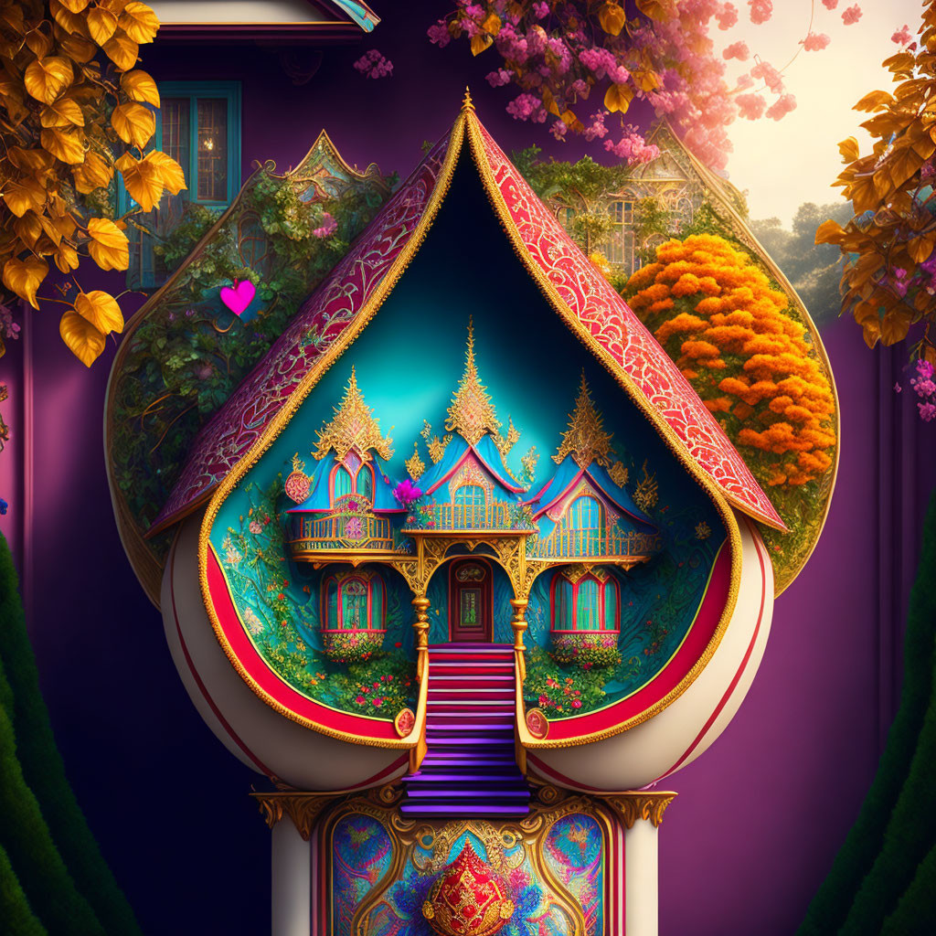 Colorful Heart-Shaped Building with Flowers and Staircase in Surreal Landscape