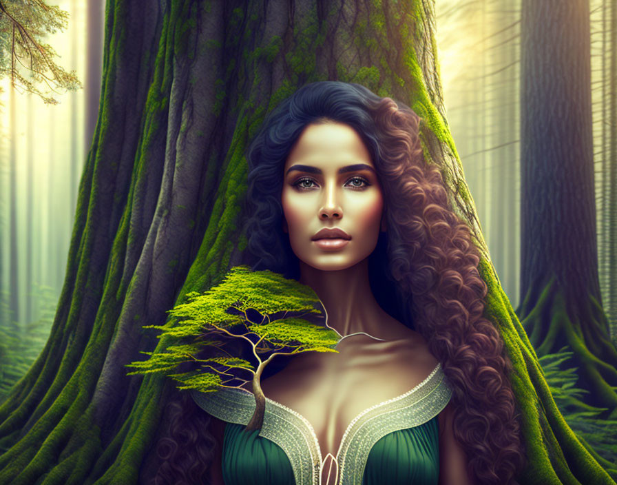 Digital artwork: Woman with long wavy hair in forest setting with small tree and sunlight.