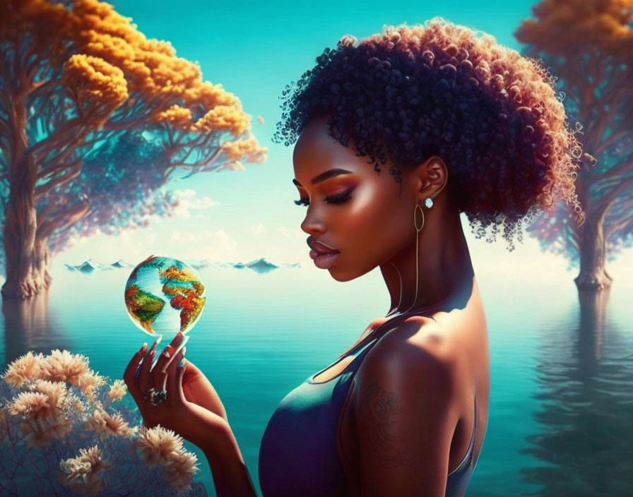 Curly-haired woman holding glowing globe by serene lake